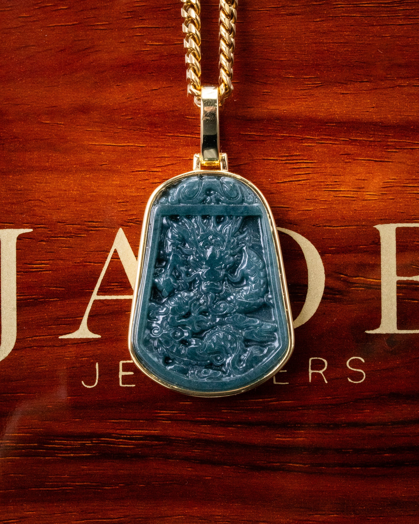Gold Wrapped Blue Water Jade Dragon Pendant - Image 6