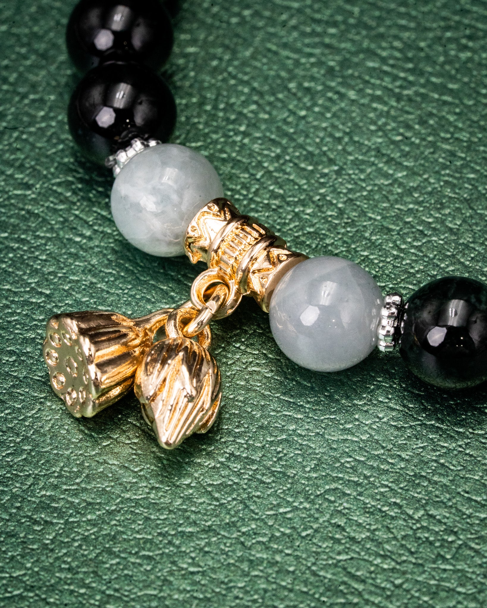 Golden Flower Acorn Black Bead Jade Bracelet - Image 2