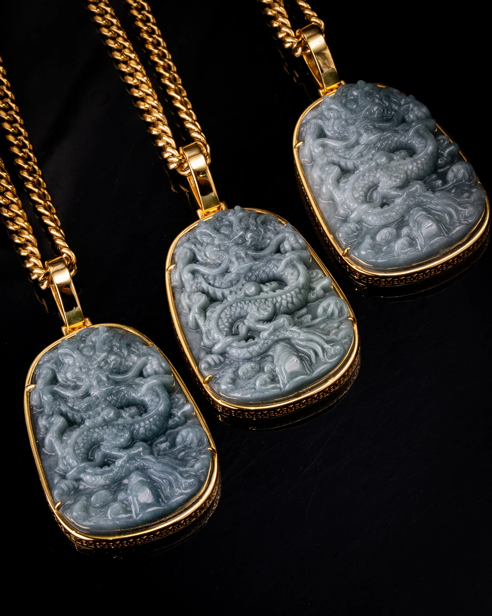 Golden Lucky Coin Border Dragon Flying Over 4 Seas Jade Pendant - Image 3