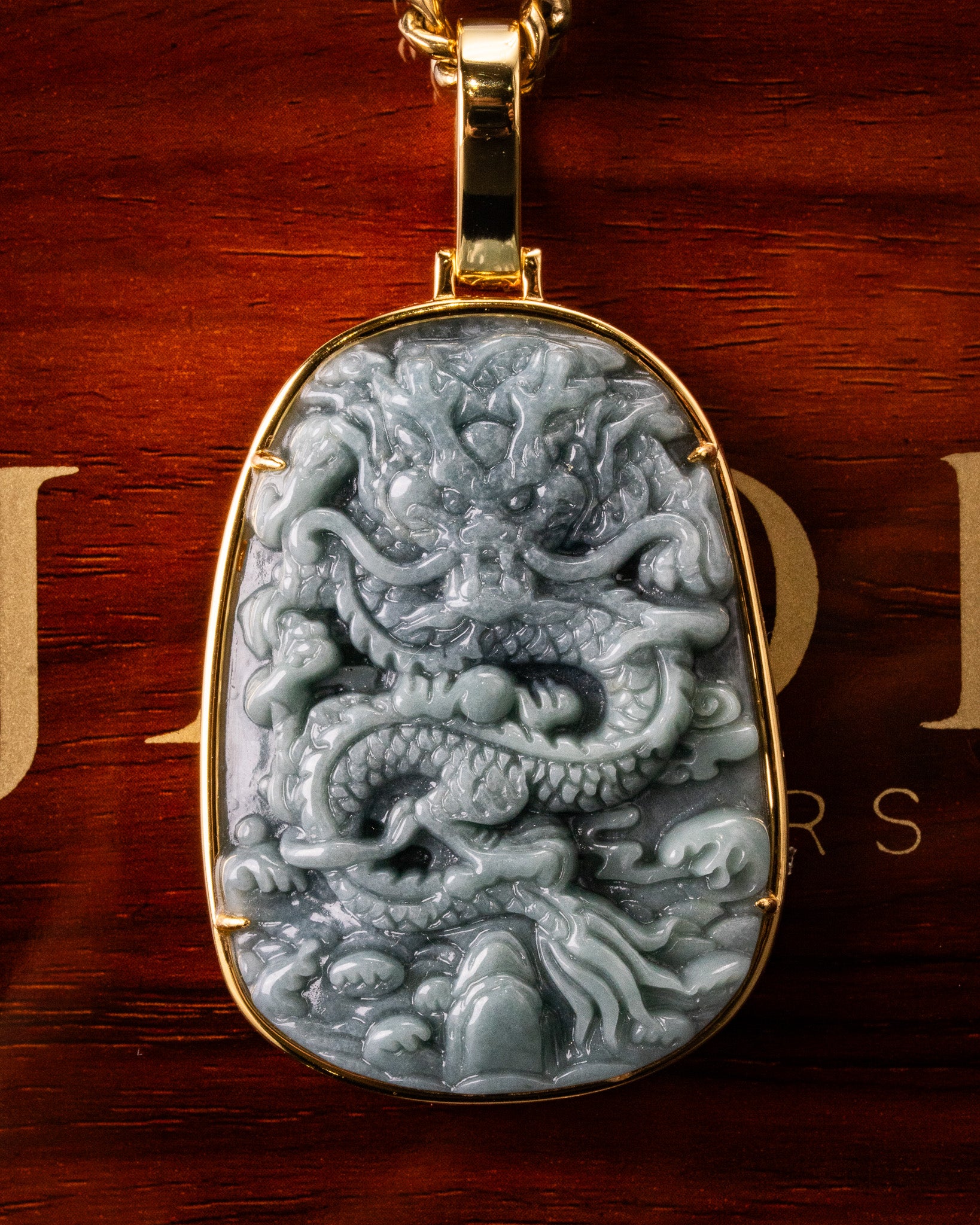 Golden Lucky Coin Border Dragon Flying Over 4 Seas Jade Pendant - Image 4