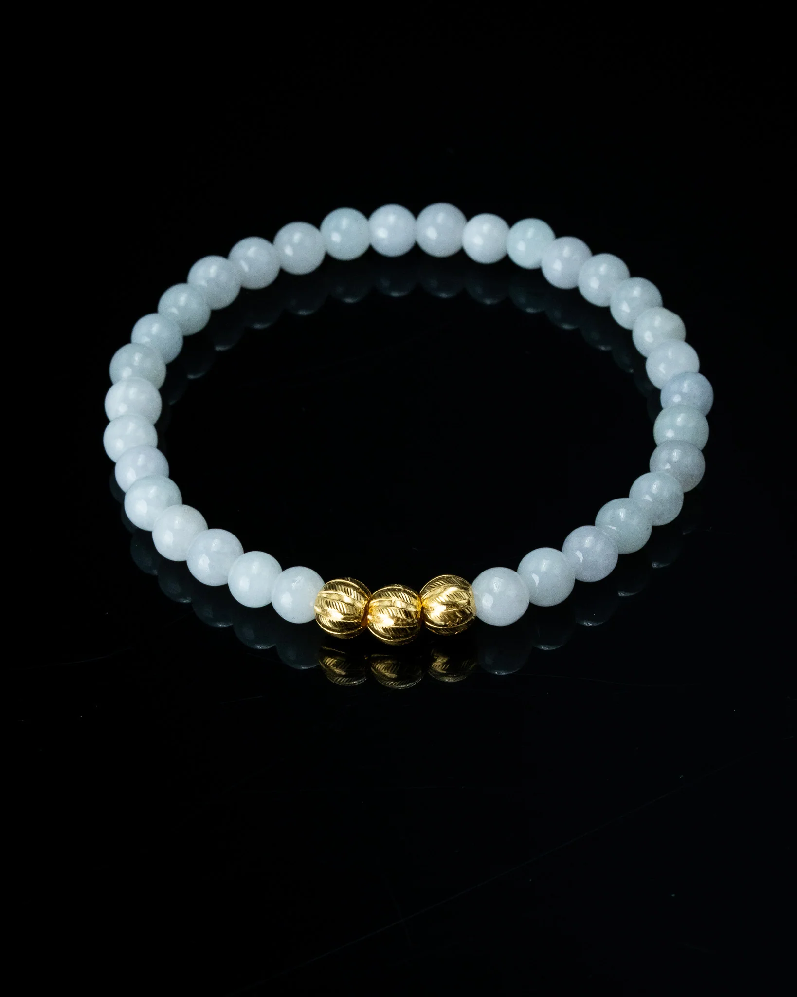 Golden Trio Charm Small White Beaded Jade Bracelet - Image 3
