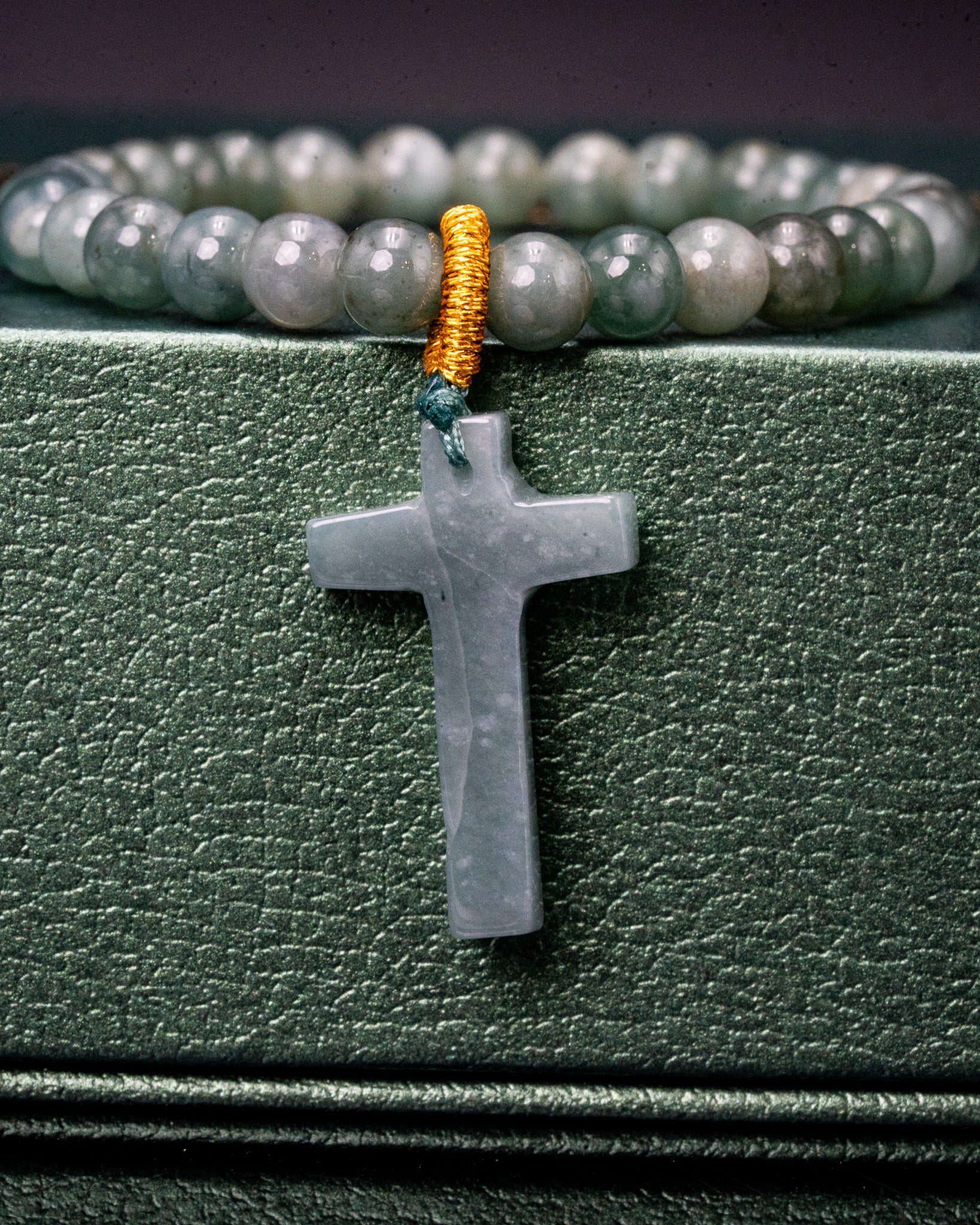 Green Cross Charm Beaded Jade Bracelet