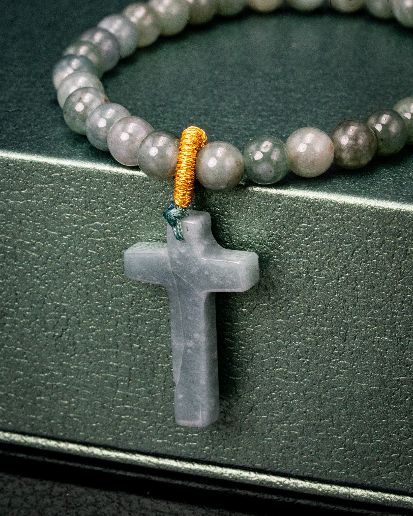 Green Cross Charm Beaded Jade Bracelet - Image 3