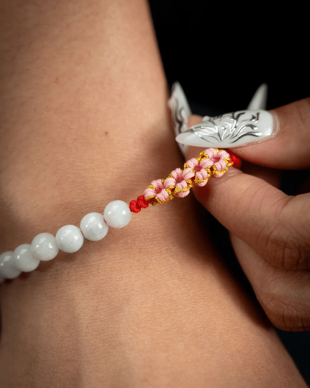 Beaded Red Rope Serene Blossom Jade Bracelet - Image 3