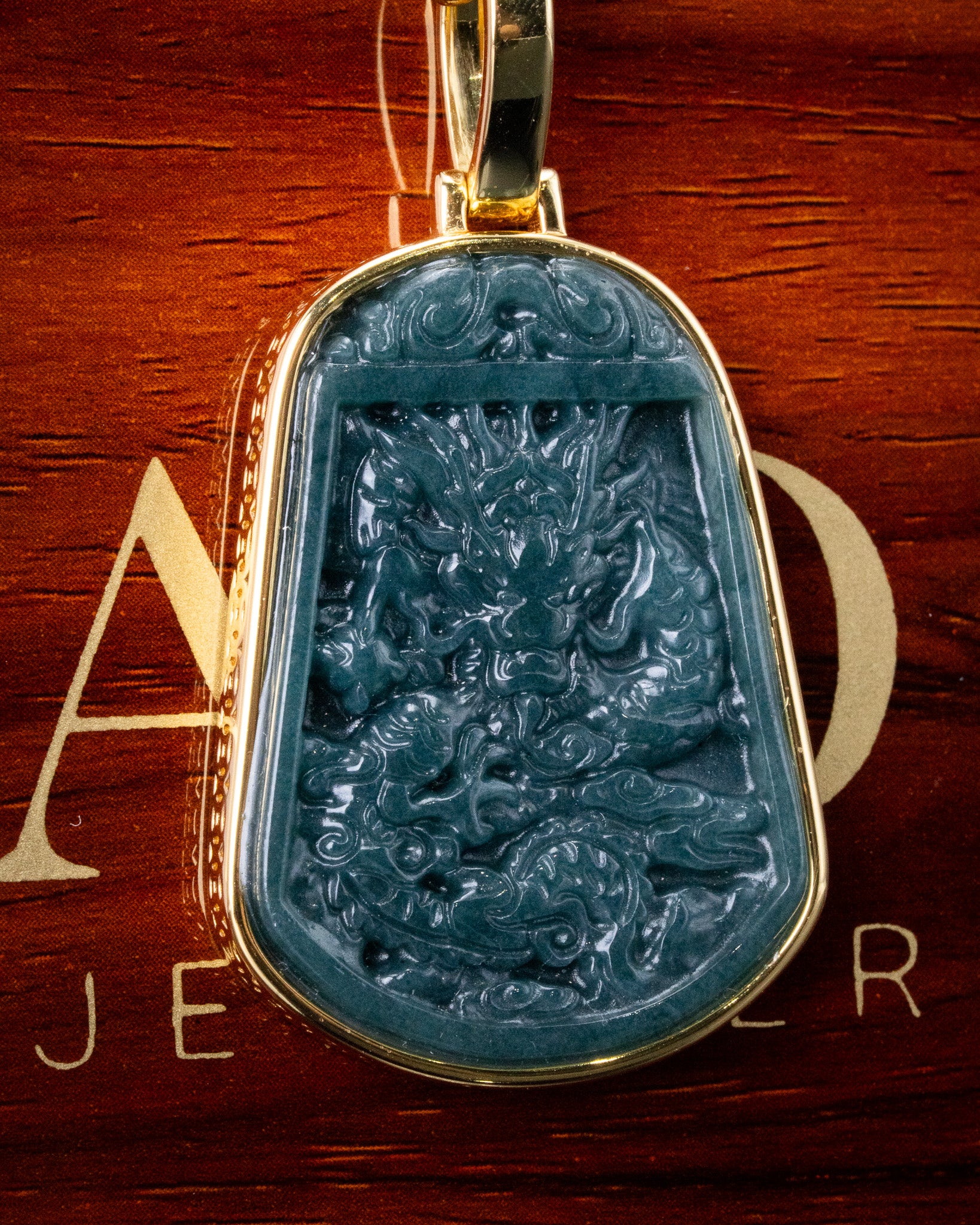 Lucky Coin Gold Wrap Blue Water Dragon Jade Pendant - Image 6