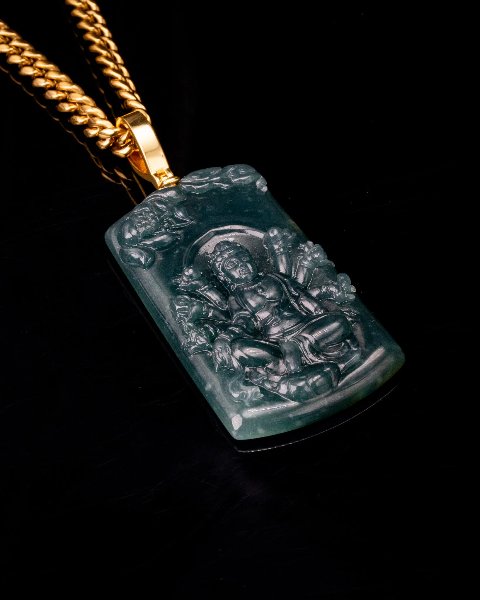 Meditating Guan Yin 100 Arms Bodhisattva Blue Water Jade Pendant - Image 2