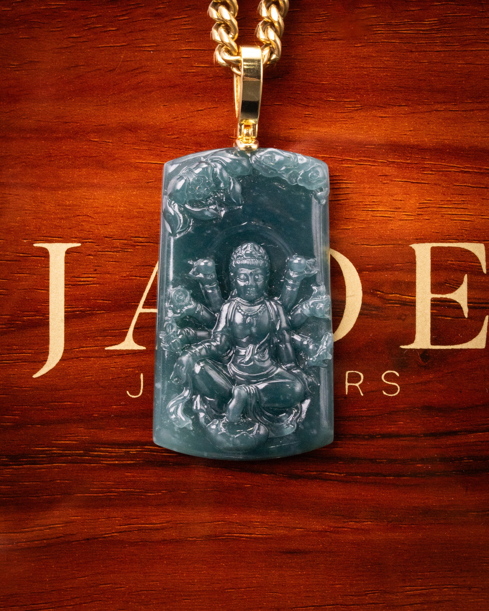 Meditating Guan Yin 100 Arms Bodhisattva Blue Water Jade Pendant - Image 3