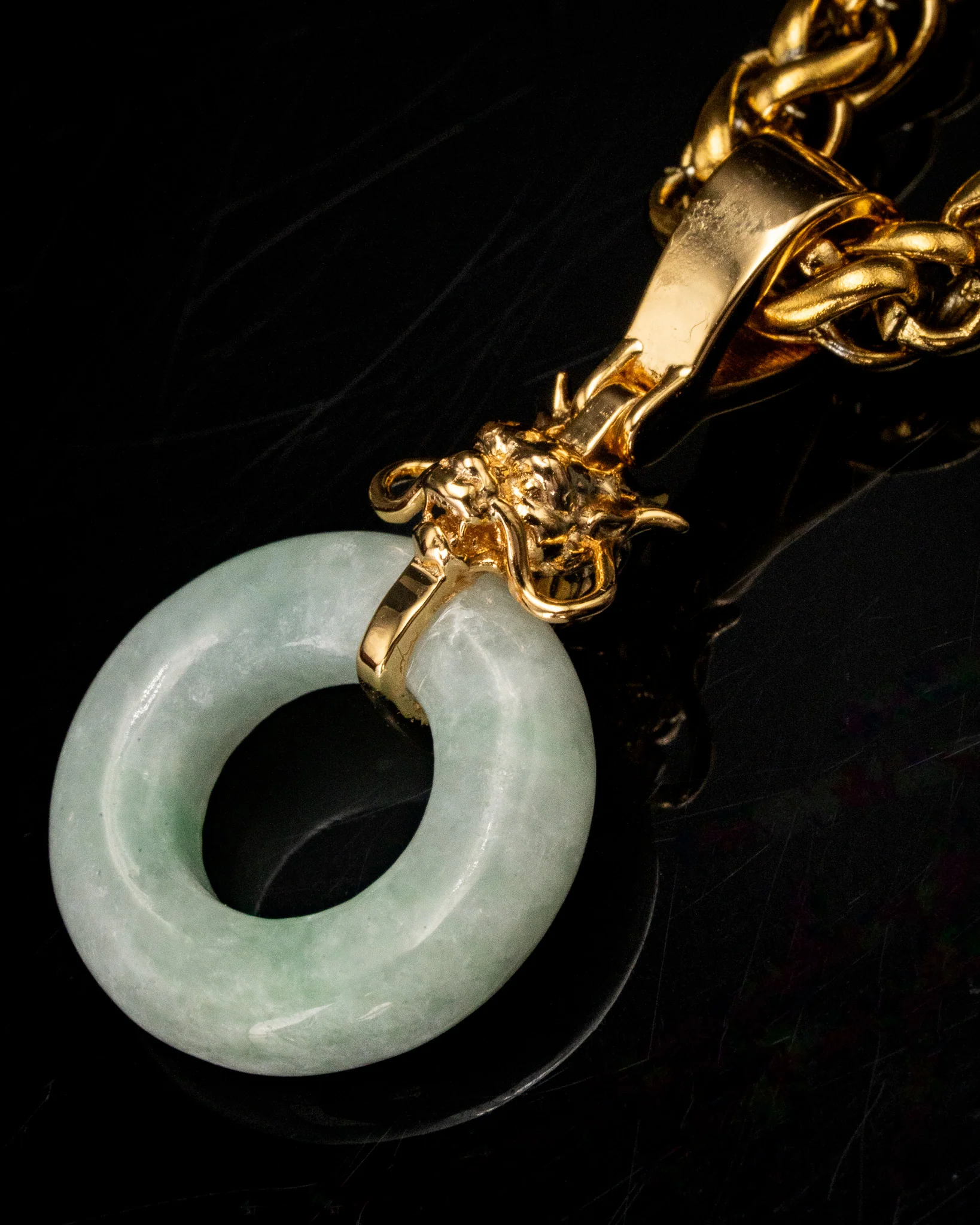 Micro Golden Dragon Head Donut Jade Pendant - Image 3