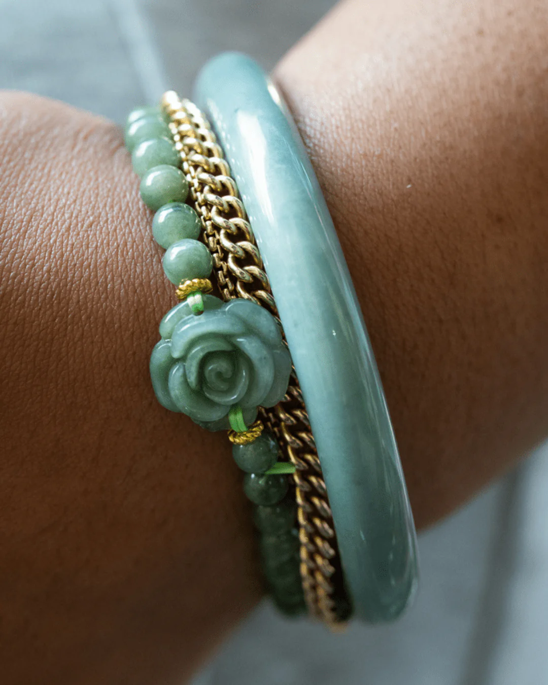 Rose Beaded Two Tone Green-White Jade Bracelet - Image 4