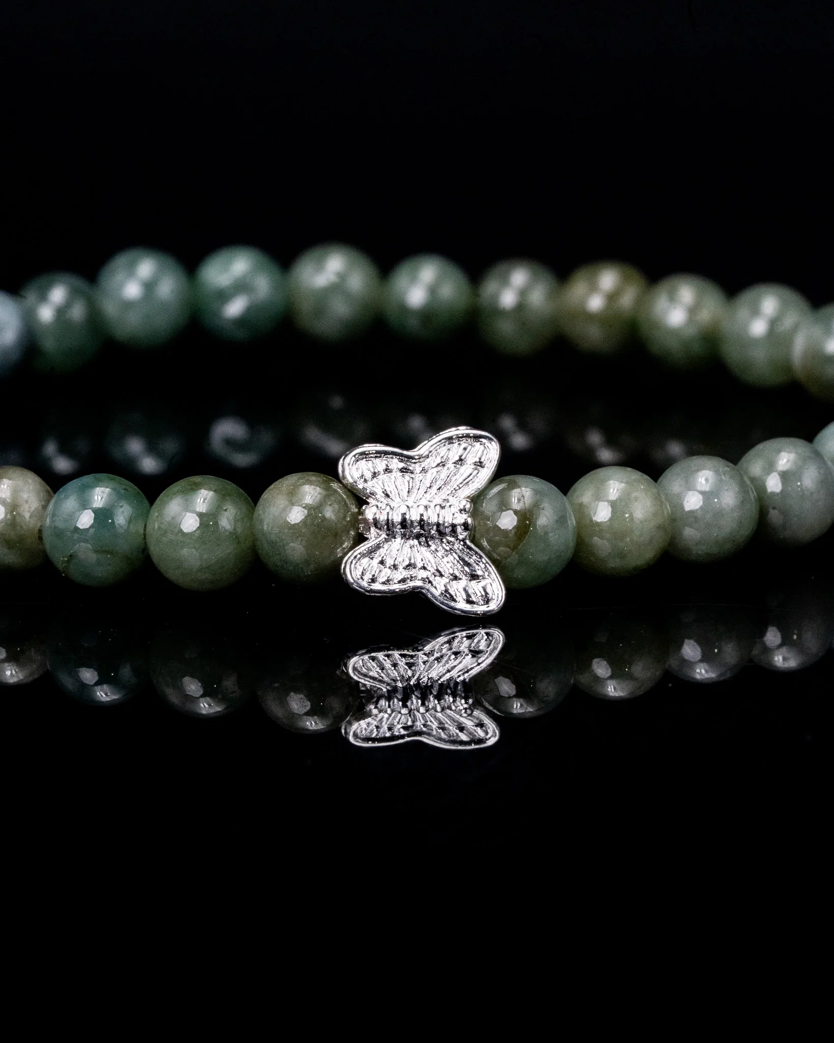 Silver Butterfly Green Beaded Jade Bracelet - Image 2