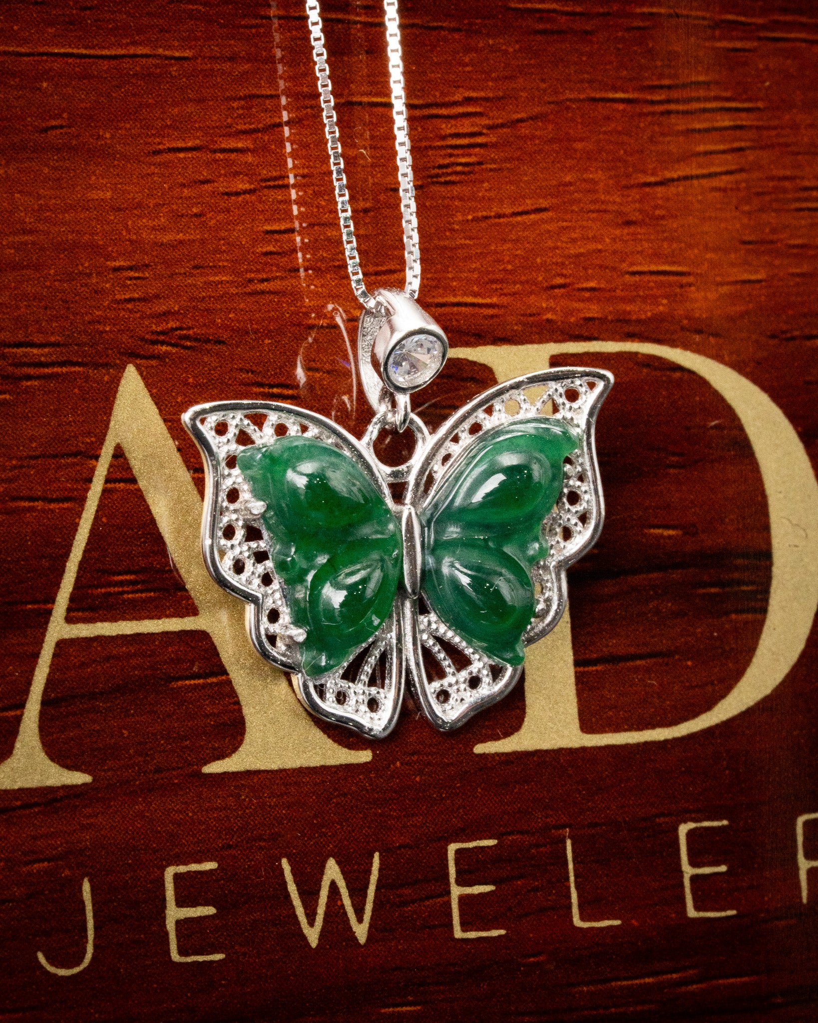 Silver Butterfly Green Jade Pendant