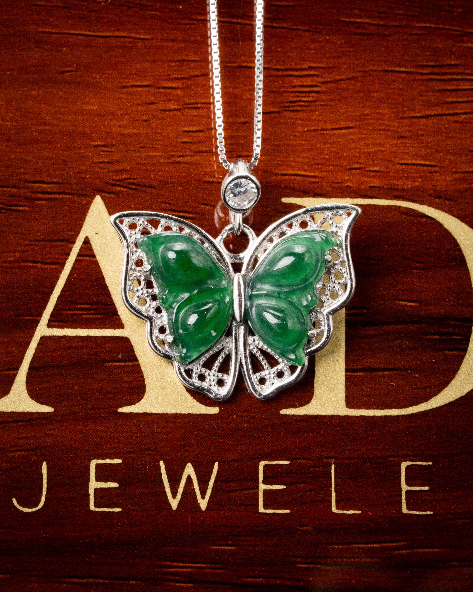 Silver Butterfly Green Jade Pendant - Image 2