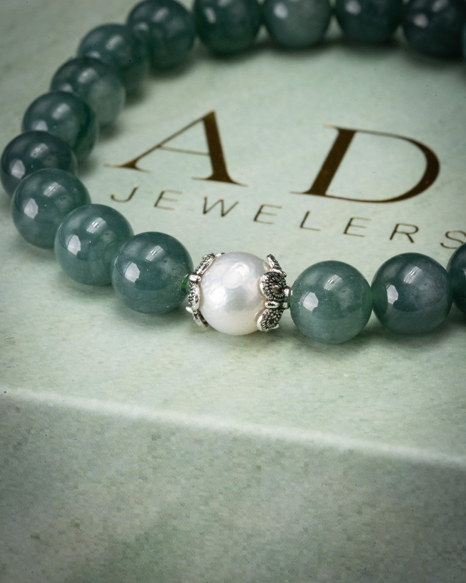 Silver Floral Pearl Blue Water Beaded Jade Bracelet - Image 2