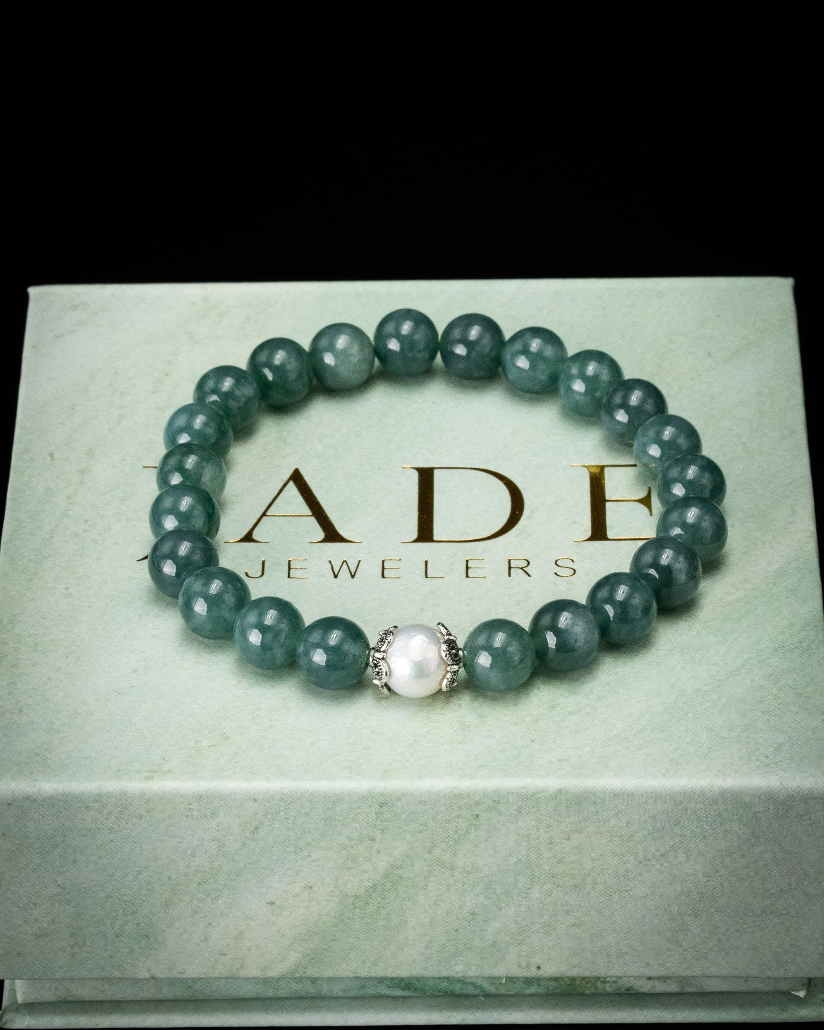 Silver Floral Pearl Blue Water Beaded Jade Bracelet - Image 3