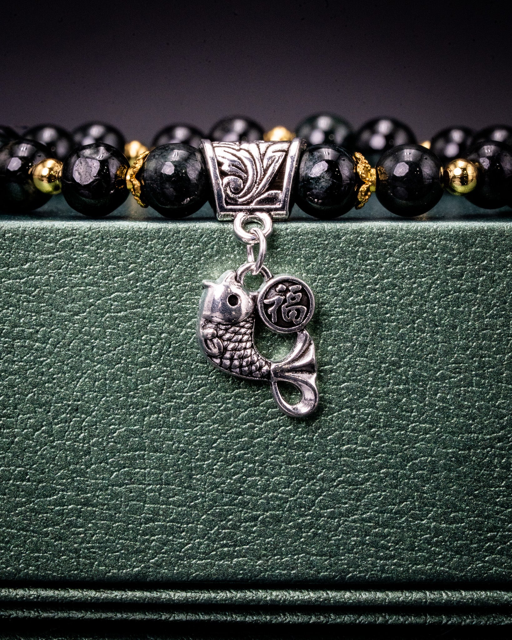Silver Koi Fish Charm Black Bead Jade Bracelet