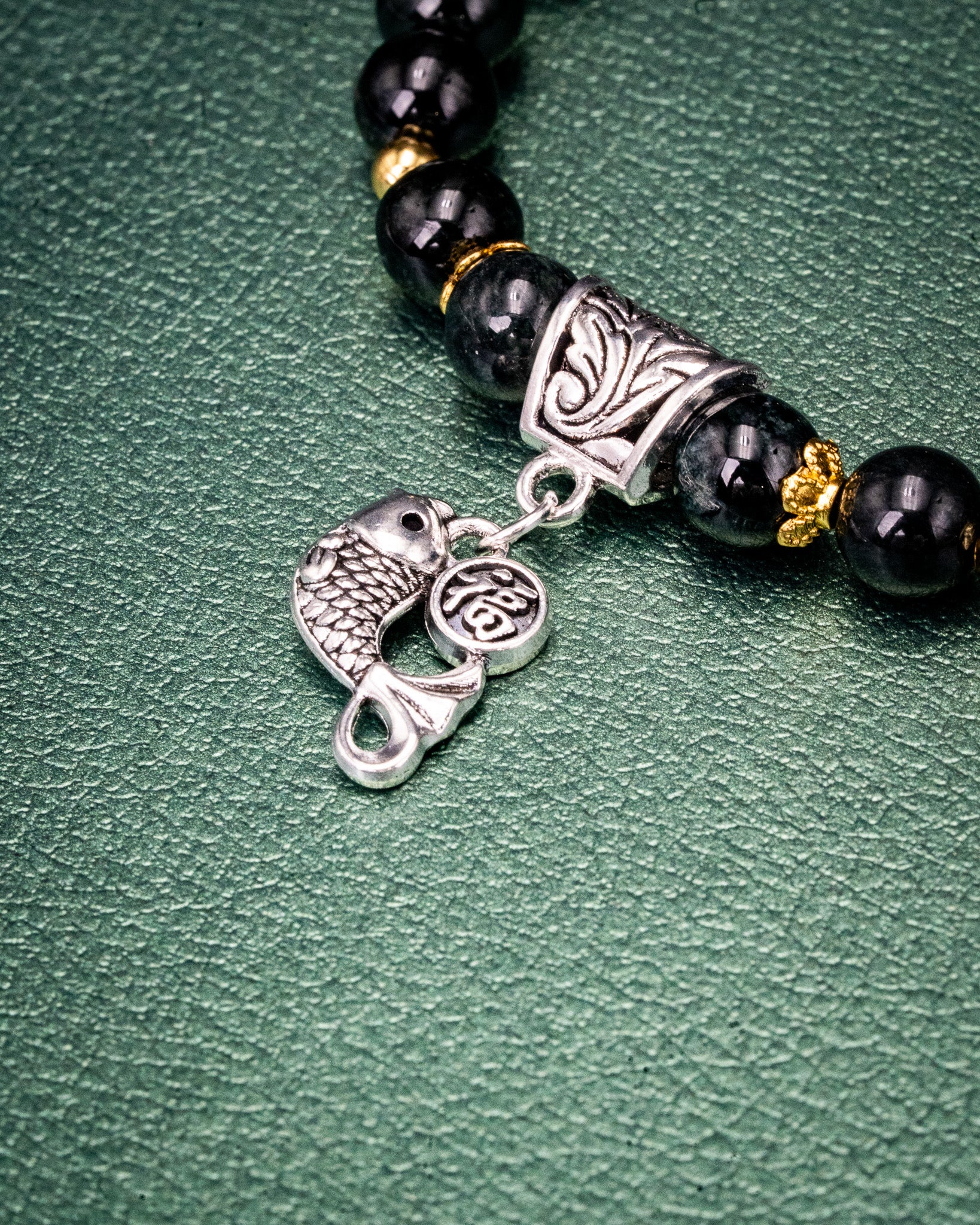 Silver Koi Fish Charm Black Bead Jade Bracelet - Image 2