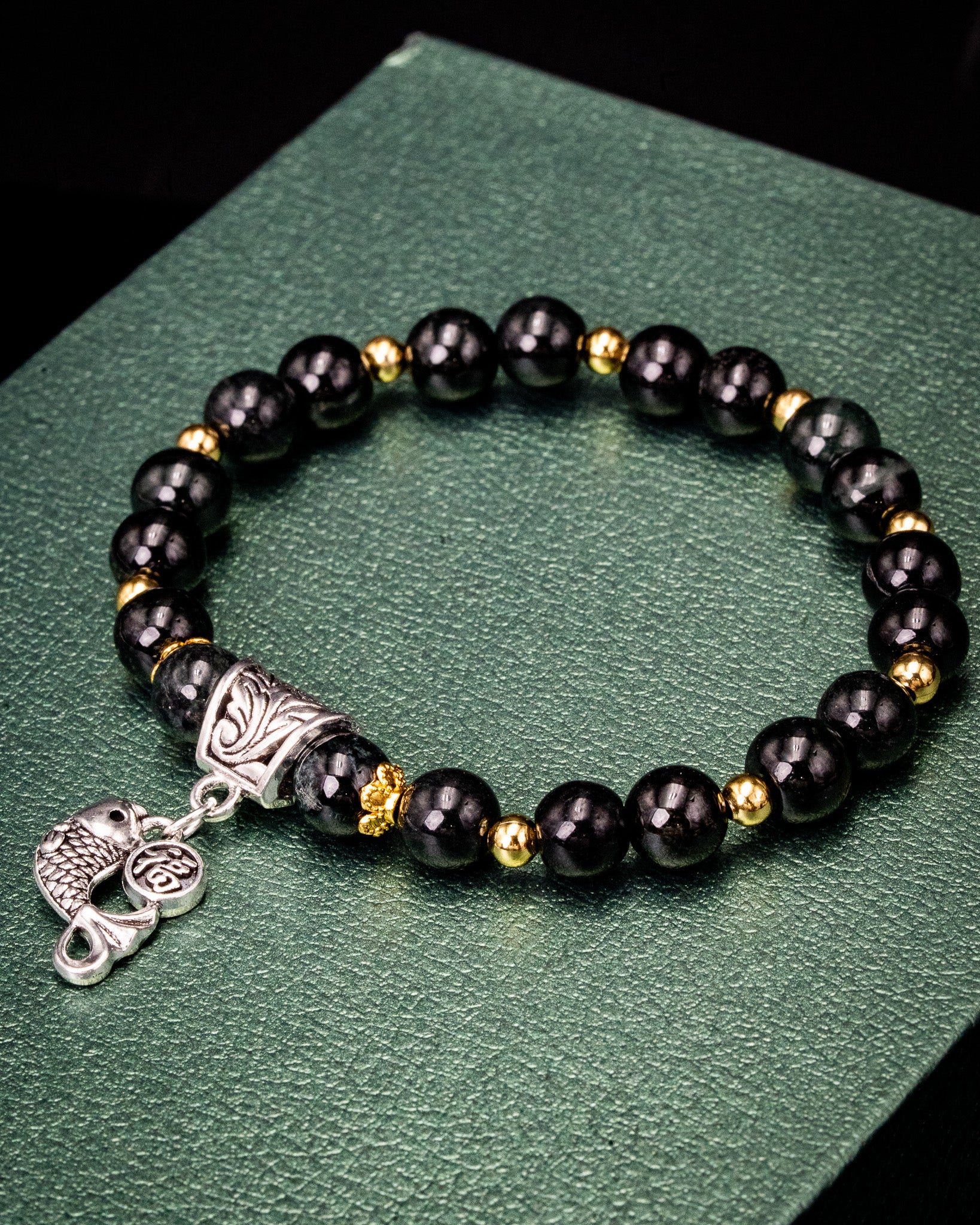 Silver Koi Fish Charm Black Bead Jade Bracelet - Image 3