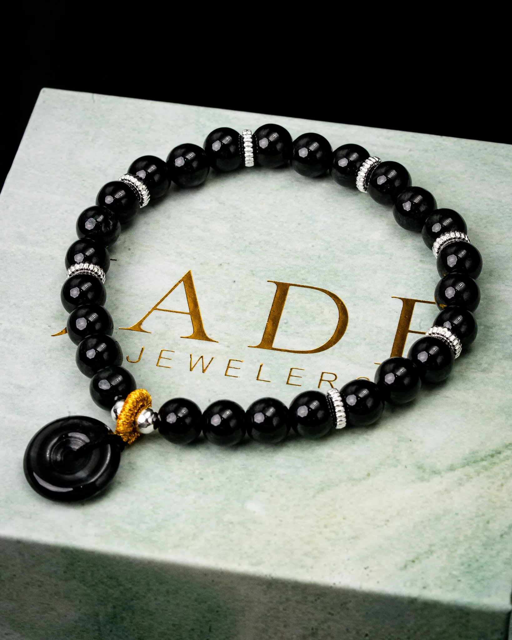 Silver Spacer Black Beaded Donut Charm Jade Bracelet