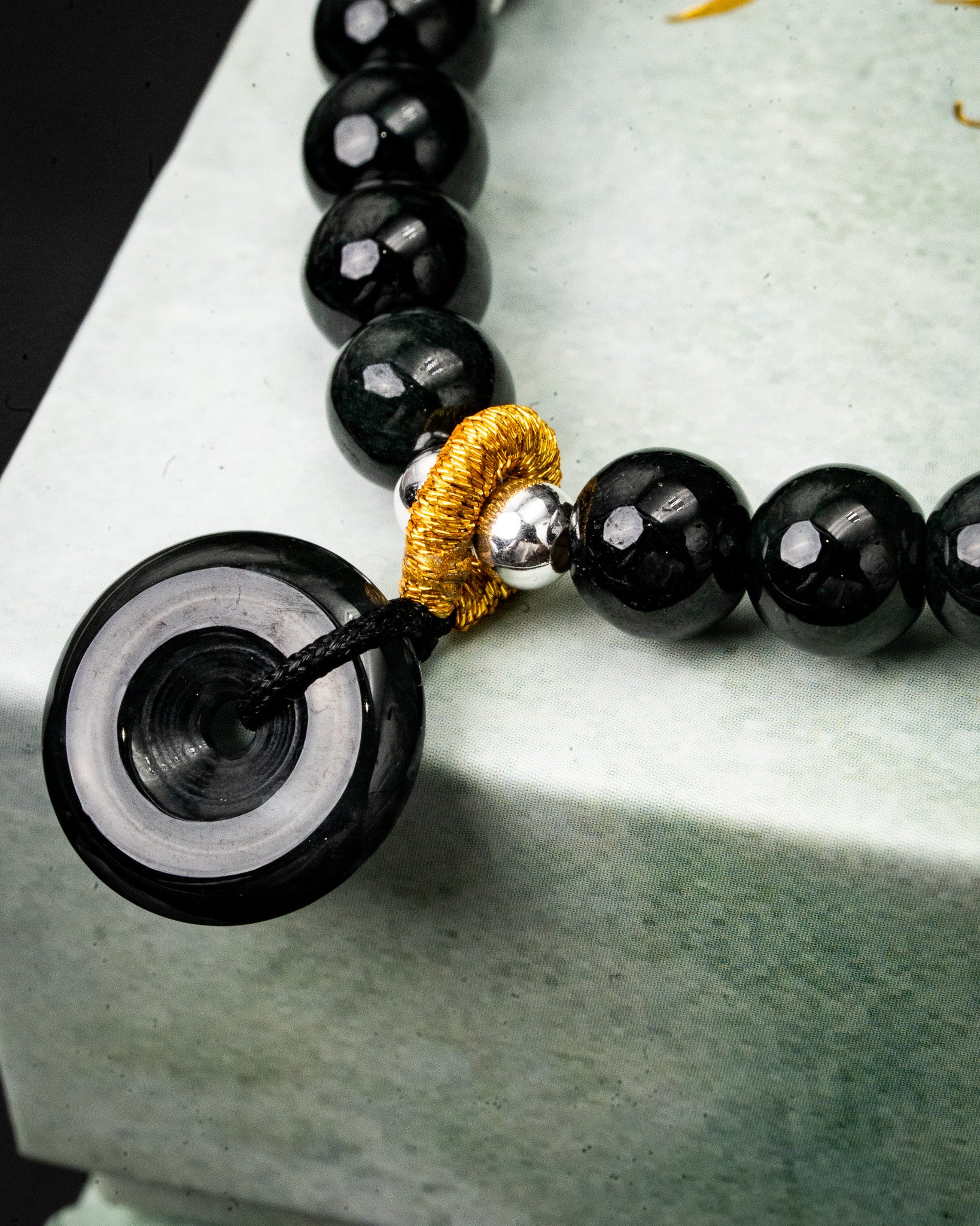 Silver Spacer Black Beaded Donut Charm Jade Bracelet - Image 2