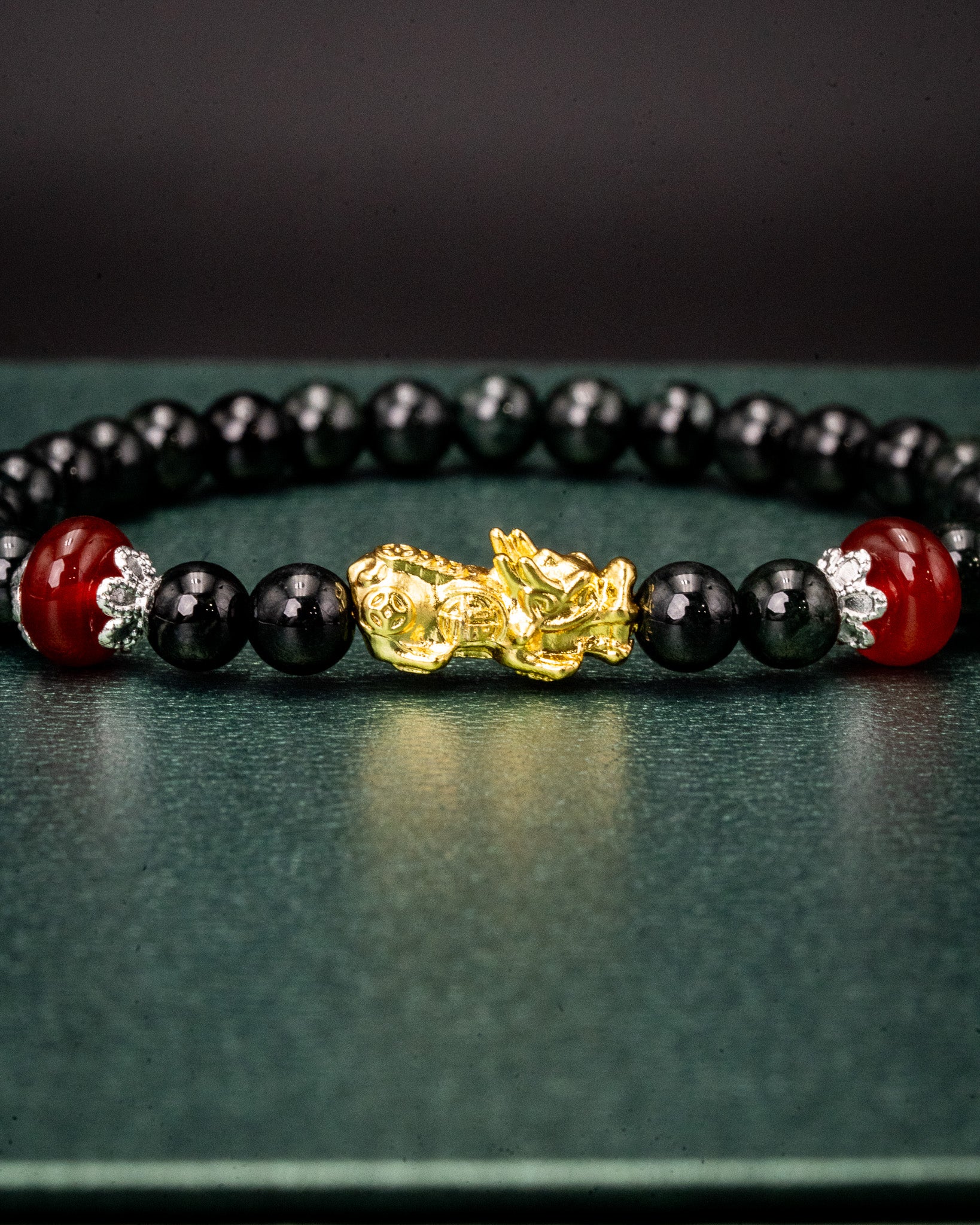 Small Gold Dragon Black Bead Jade Bracelet