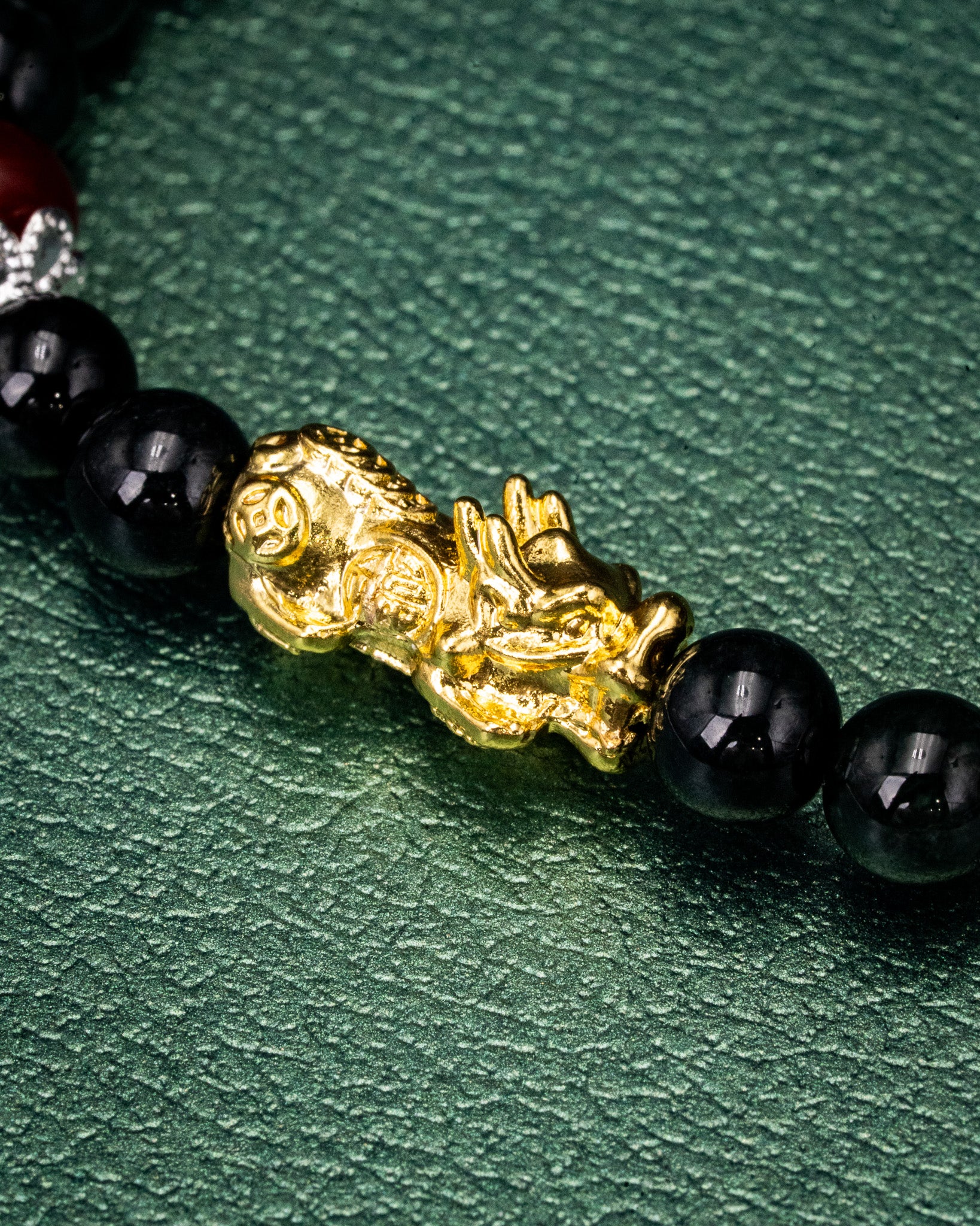 Small Gold Dragon Black Bead Jade Bracelet - Image 2