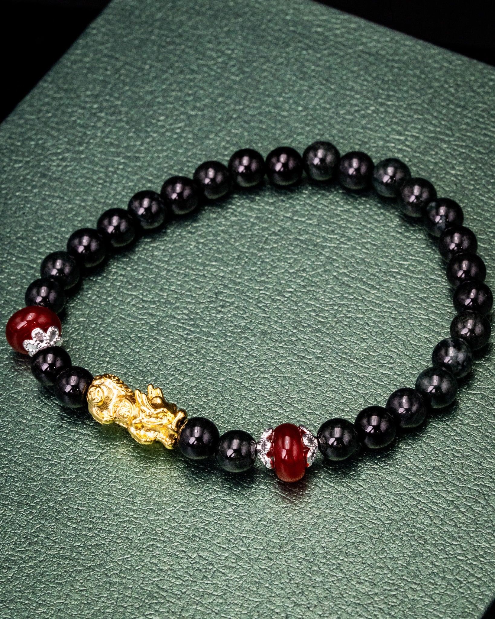 Small Gold Dragon Black Bead Jade Bracelet - Image 3
