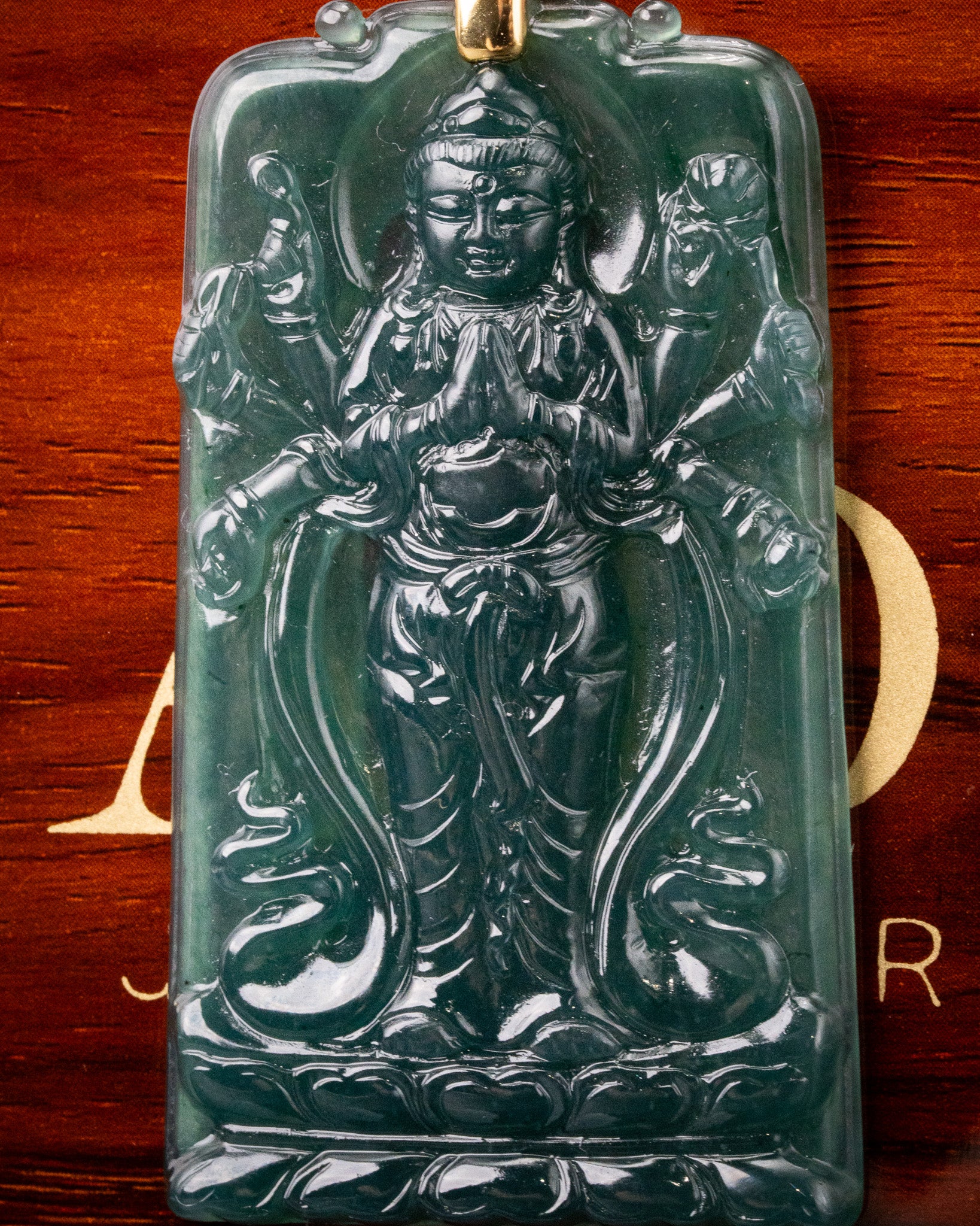 Standing Guan Yin 100 Arms Bodhisattva Blue Water Jade Pendant - Image 2