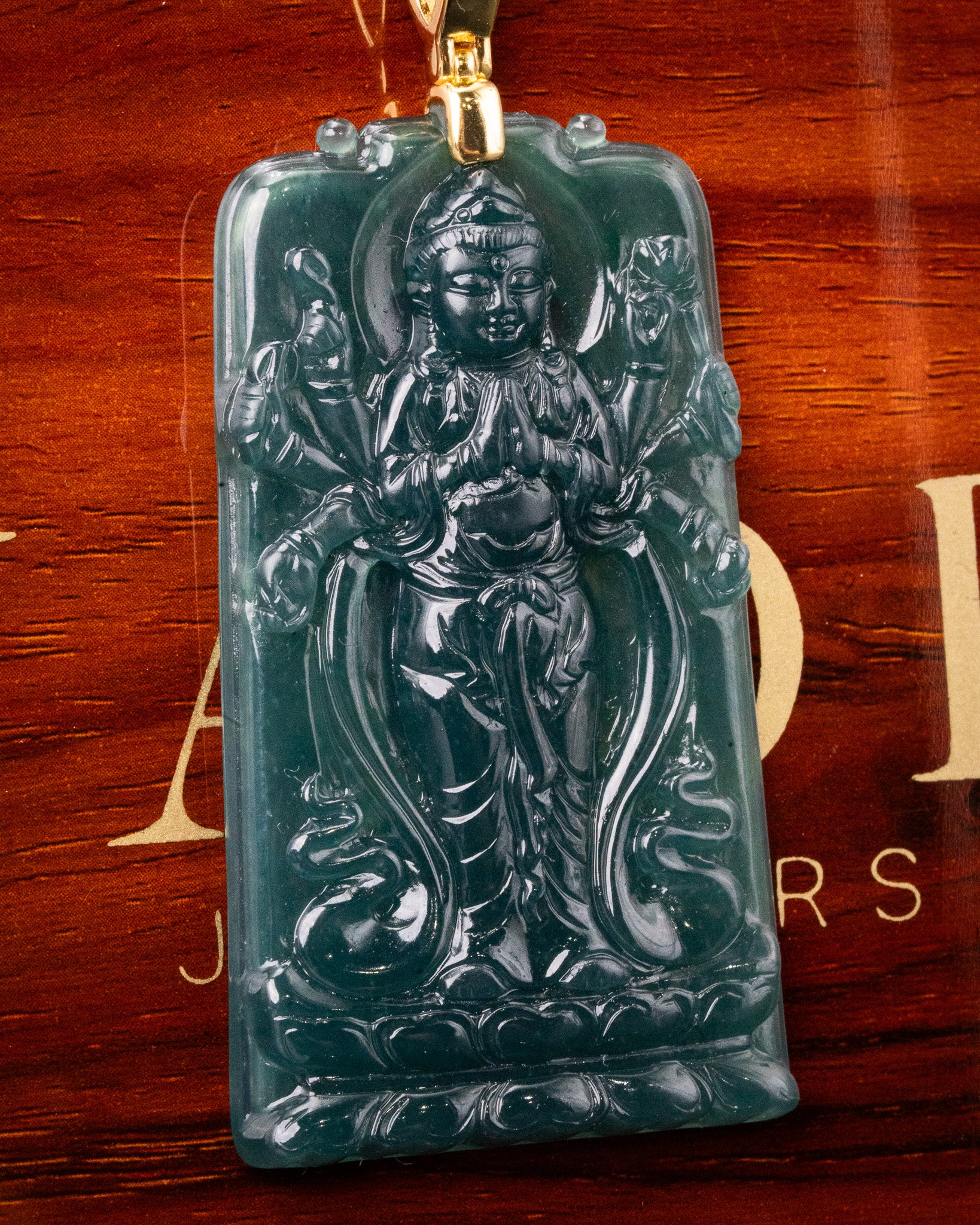 Standing Guan Yin 100 Arms Bodhisattva Blue Water Jade Pendant - Image 3