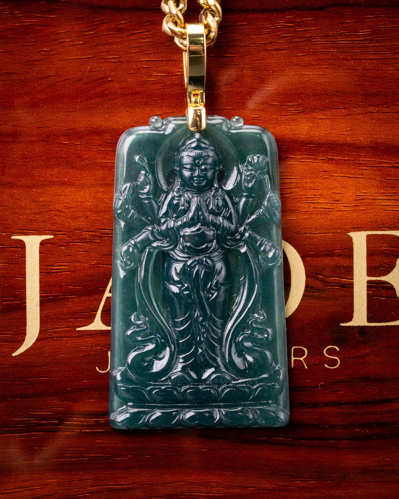 Standing Guan Yin 100 Arms Bodhisattva Blue Water Jade Pendant - Image 4