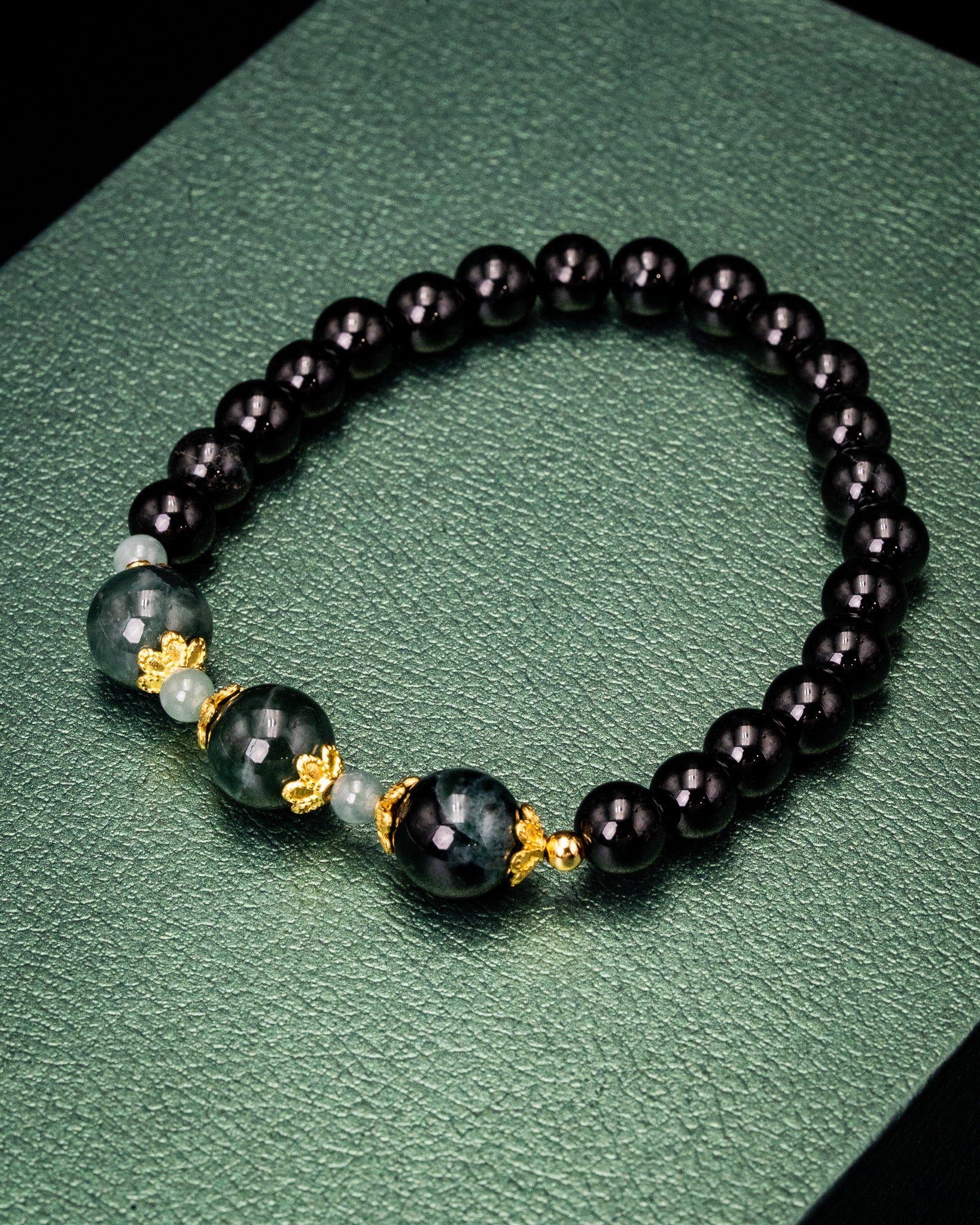 Three Green Bead Black Bead Jade Bracelet - Image 2