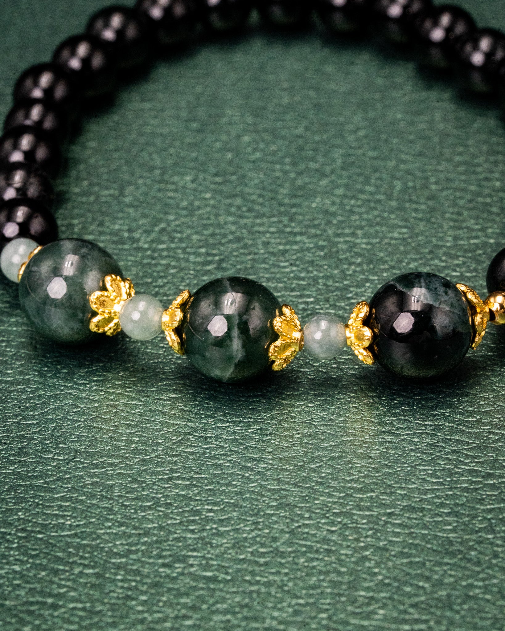 Three Green Bead Black Bead Jade Bracelet - Image 3
