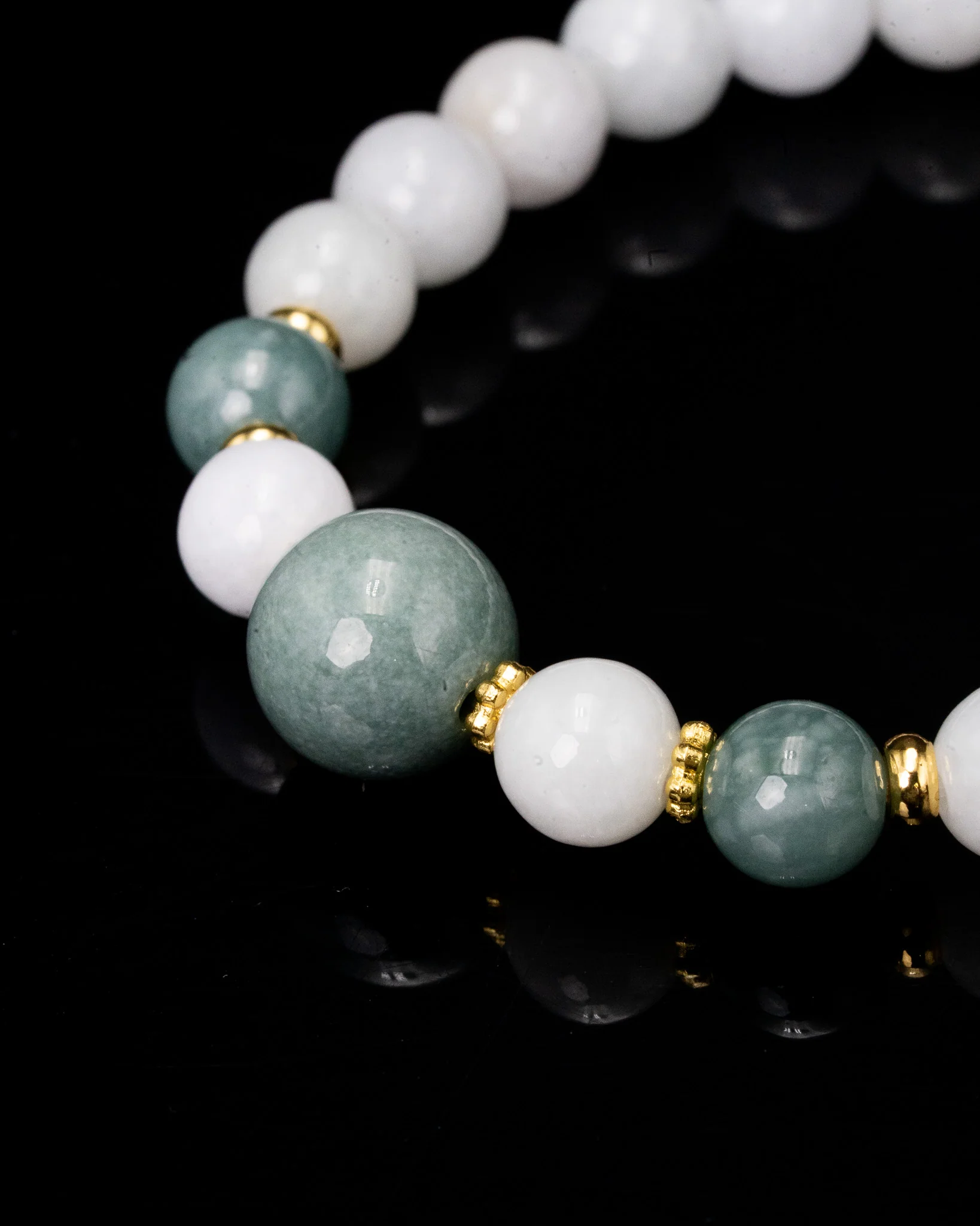 Three Green Bead White Jade Bracelet - Image 2