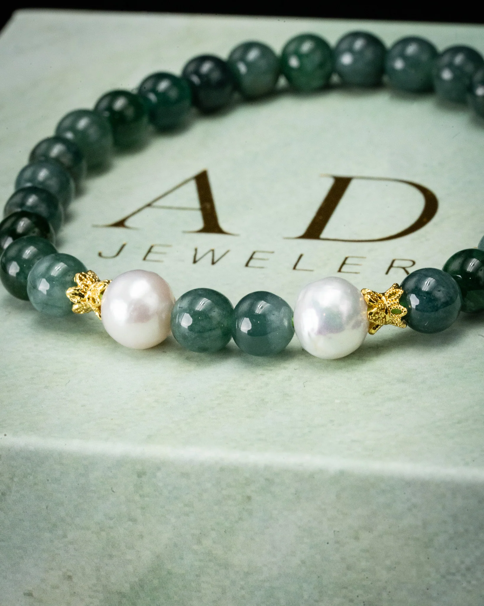 Twin Pearl Blue Water Beaded Jade Bracelet - Image 2