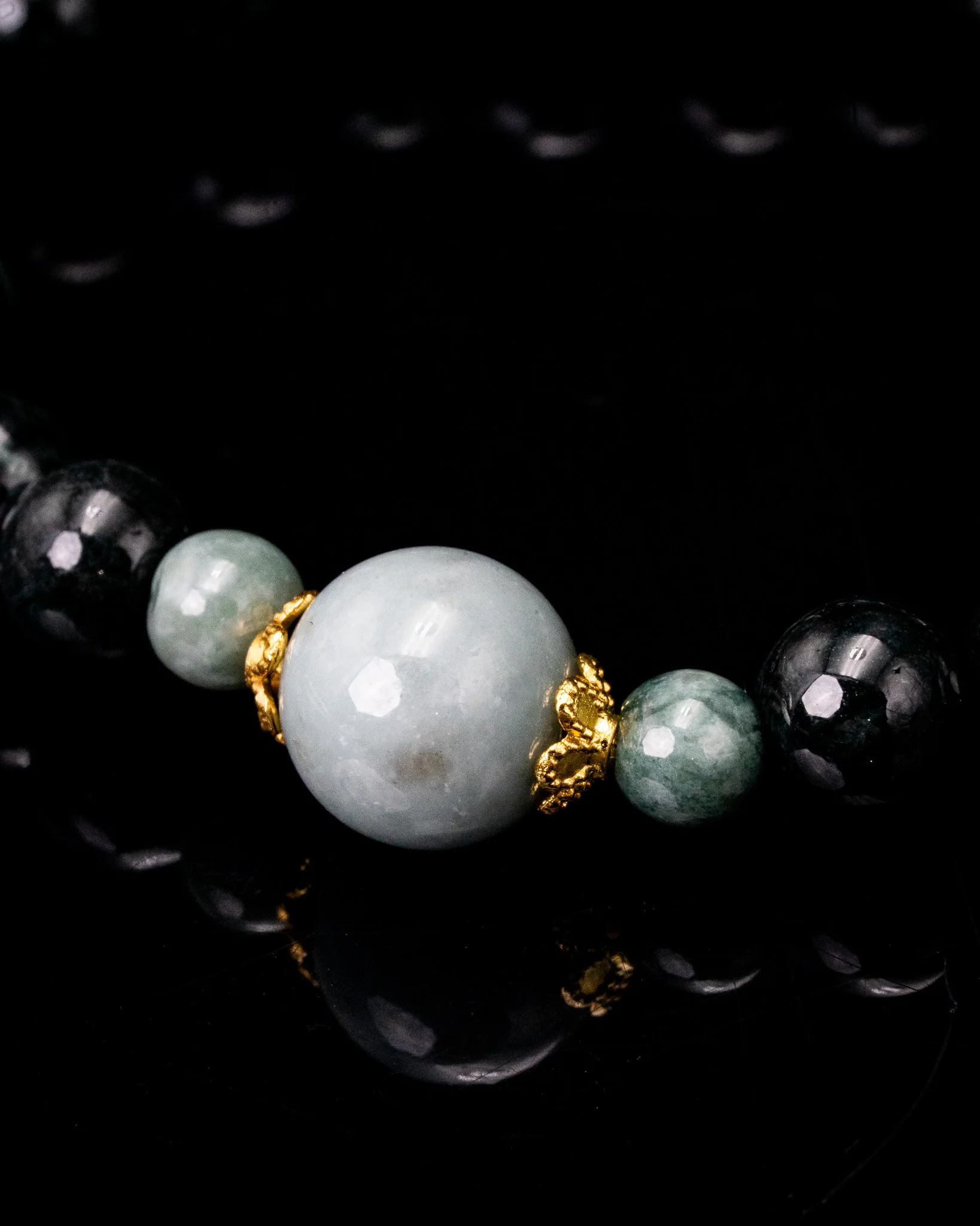 Two-Toned Black/Green Beaded Silver Charm Jade Bracelet