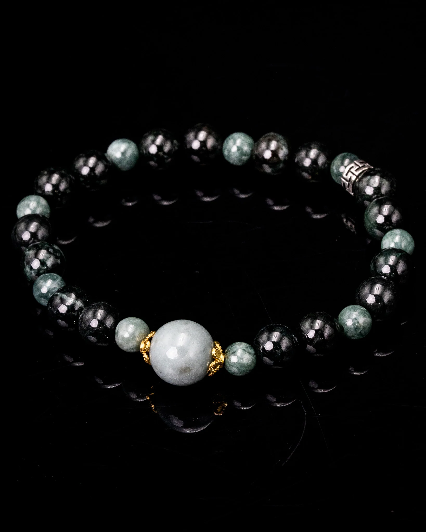 Two-Toned Black/Green Beaded Silver Charm Jade Bracelet - Image 4
