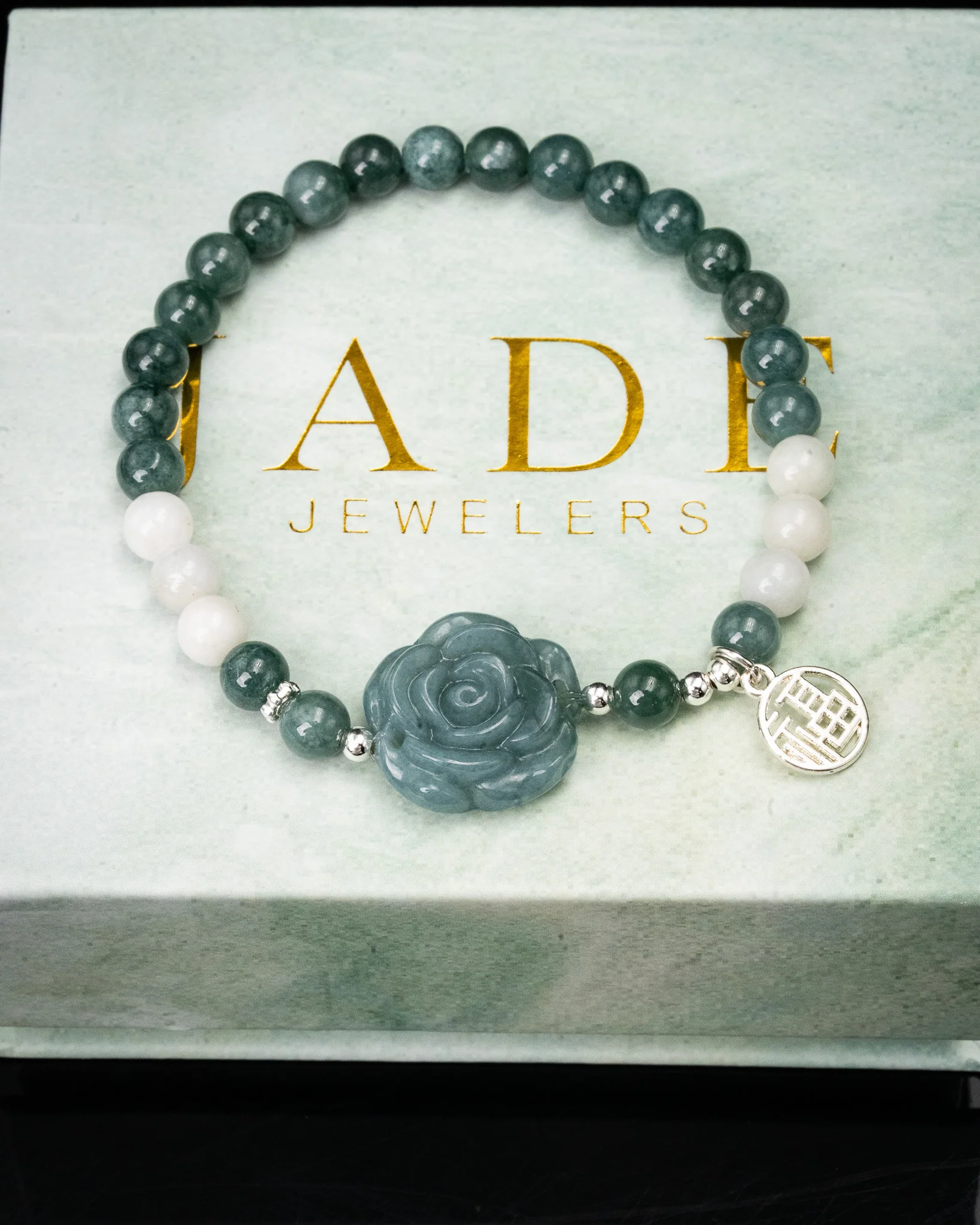 White Blue Beaded Rose + Charm Bracelet