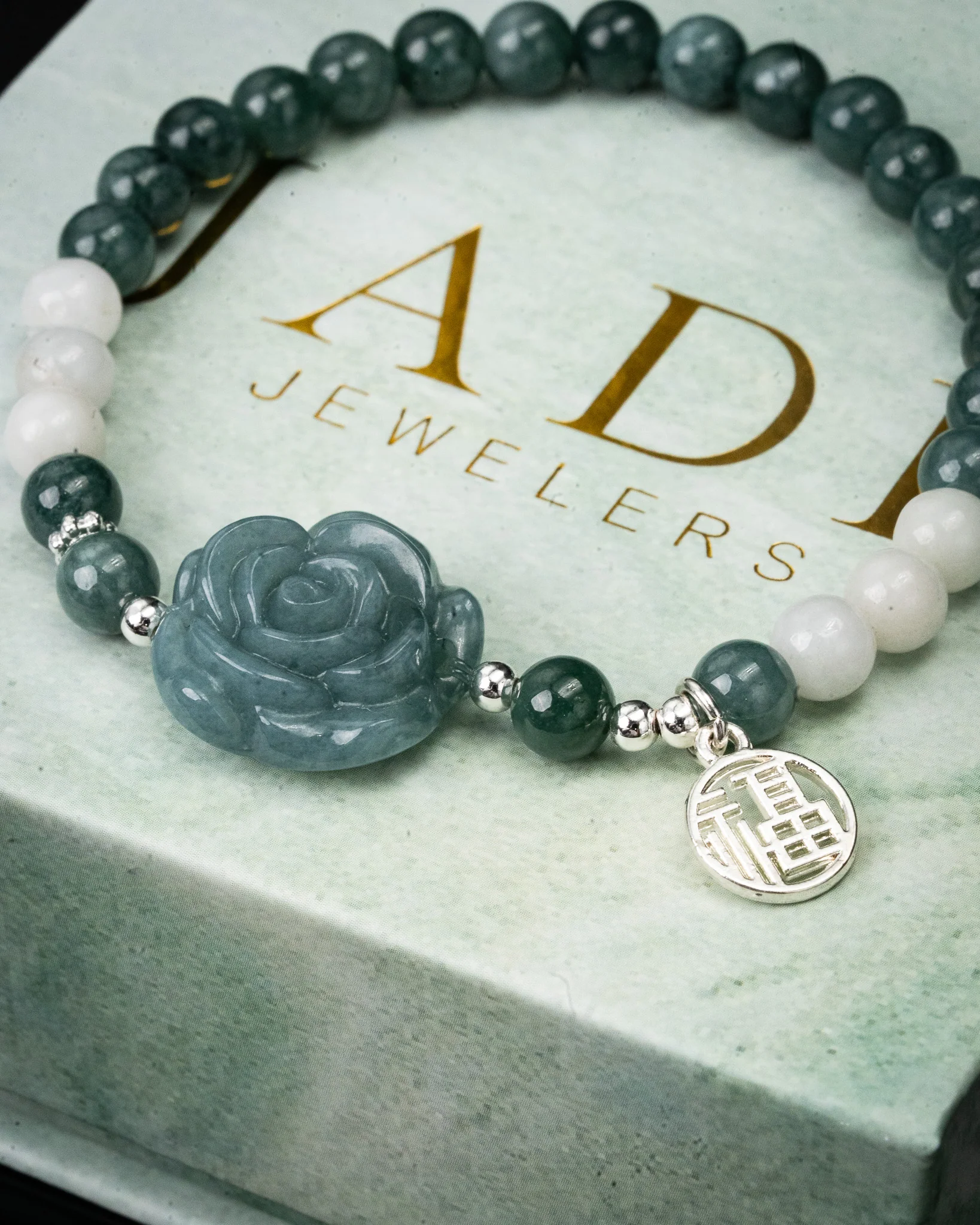 White Blue Beaded Rose + Charm Bracelet - Image 2