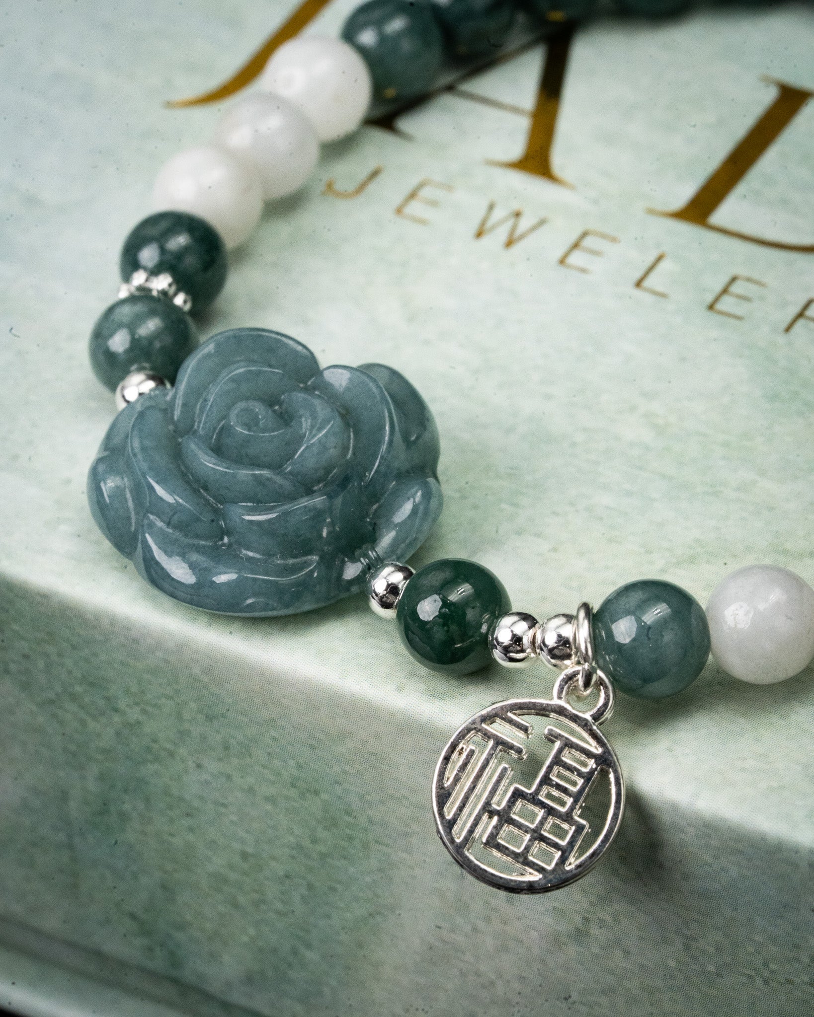 White Blue Beaded Rose + Charm Bracelet - Image 3