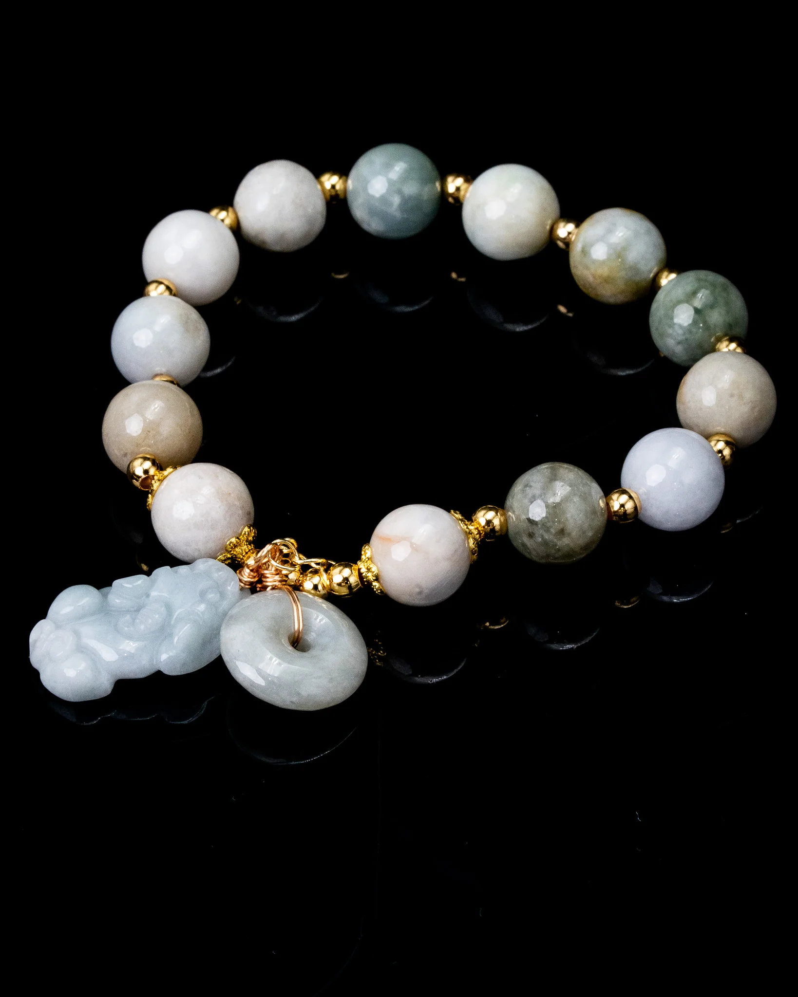 White Pixiu Large Beaded Jade Bracelet