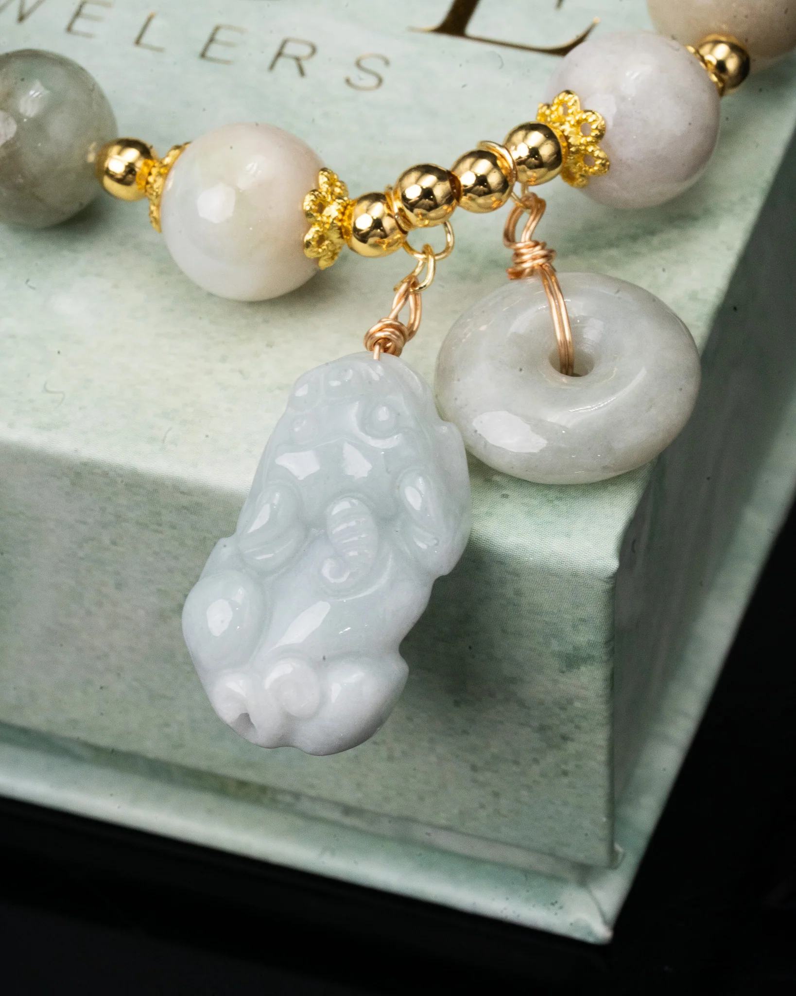 White Pixiu Large Beaded Jade Bracelet - Image 2